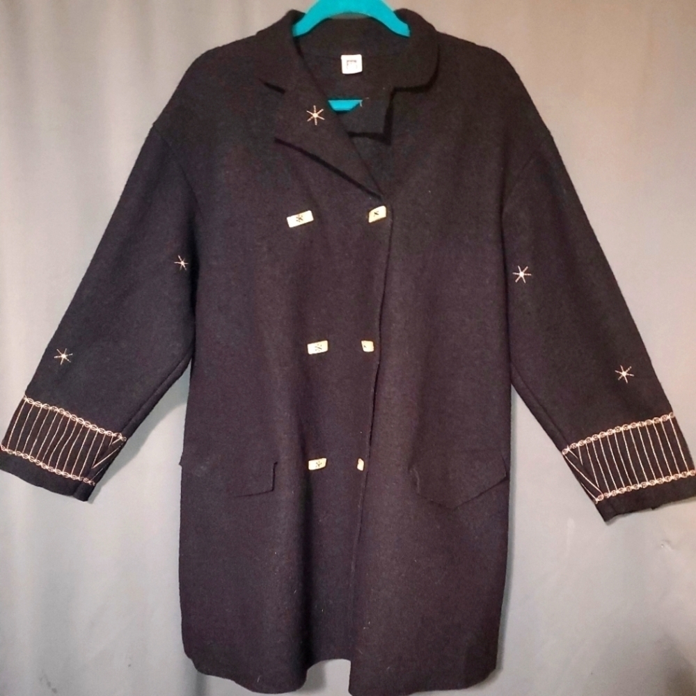 VINTAGE BLACK INDIES VIRGIN WOOL EMBROIDERED JACKET SIZE LARGE "3"
